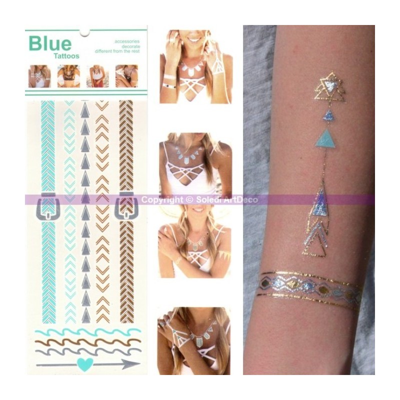 Tatouage Bracelet cheville ethnique, Planche Tattoo or, argent, bleu 23 x 9 cm