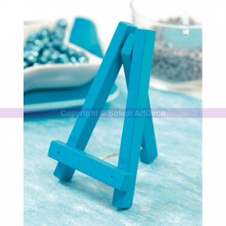 Chevalet de table en bois peint Turquoise avec trépied, Marque-Place haut. 10 cm