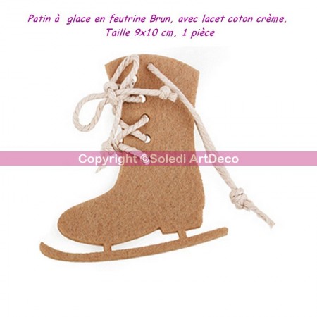 Patin à  glace en feutrine Brun, avec lacet coton crème, 9x10 cm, 1 pièce