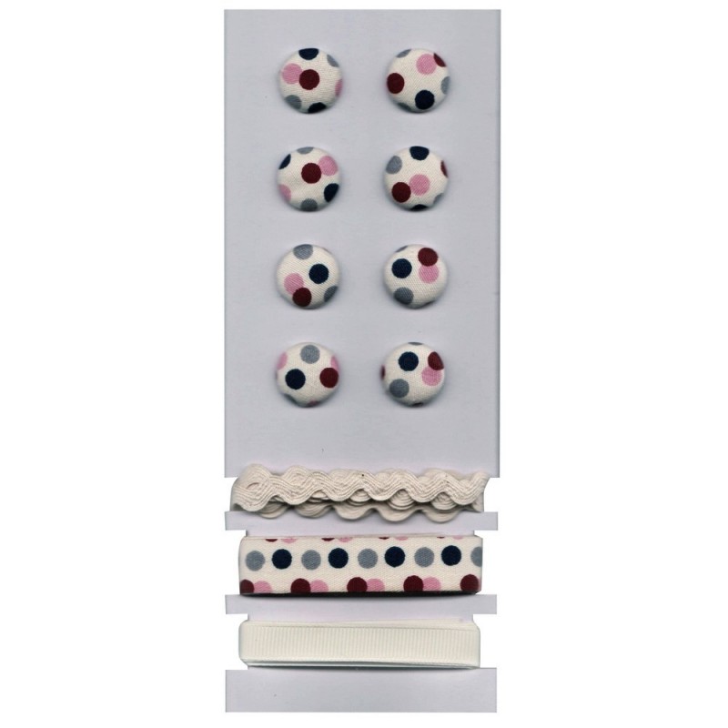 Sachet 8 Boutons et 3x 1mètre de rubans, Motif Etoiles, Blanc et Noir