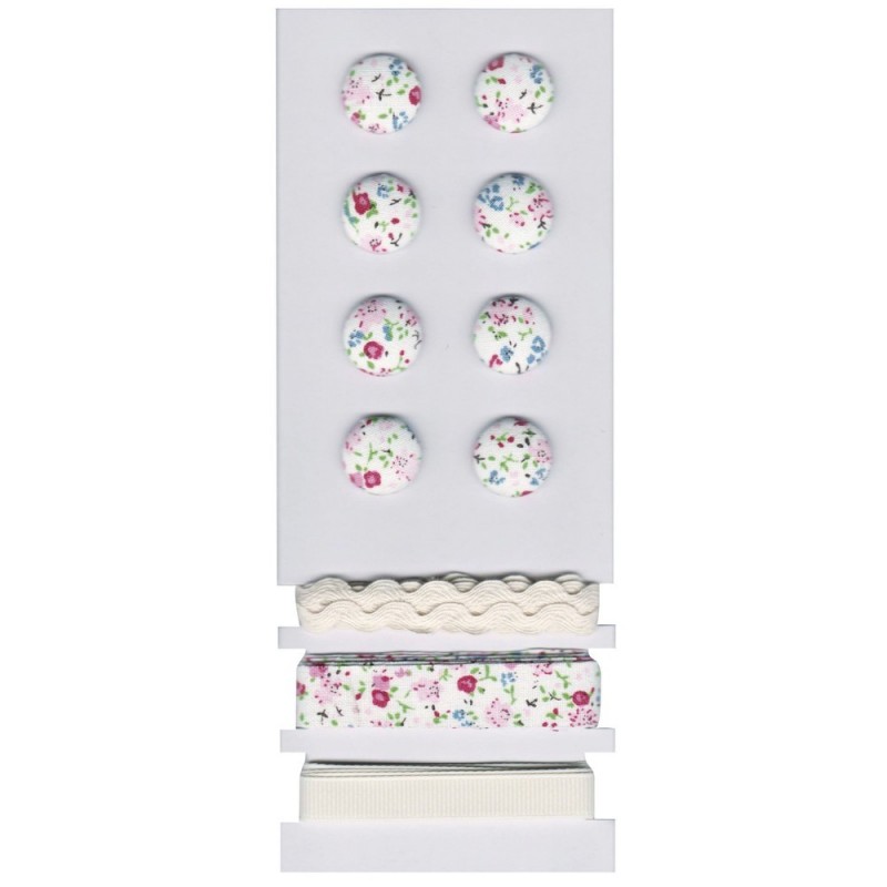 Sachet 8 Boutons et 3x 1mètre de rubans, Motif Fleurs Bleu nuit