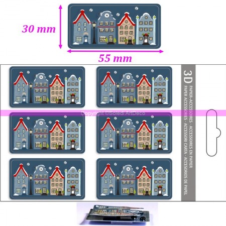 Lot de 6 rectangles en carton 3D Maisons à Noël sous la neige 5,5x2,5cm, avec adhésif