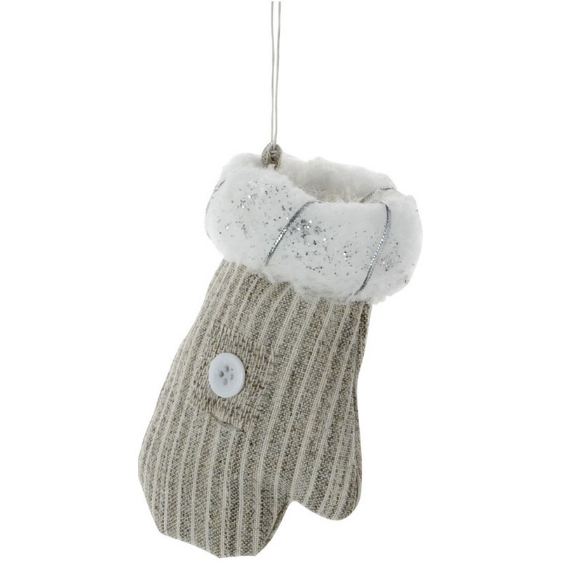 Moufle décorative 13x8x3cm, Gant tissu rayé beige, fourré avec revers blanc à suspendre