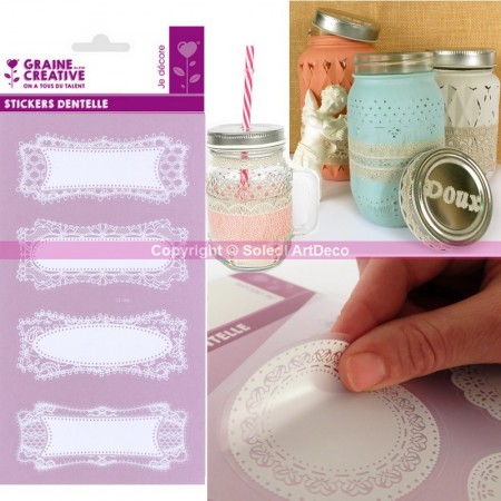Lot de 8 Stickers imitation Coeurs en Dentelles, diam. 4,5cm à 9,5cm, pour tout support