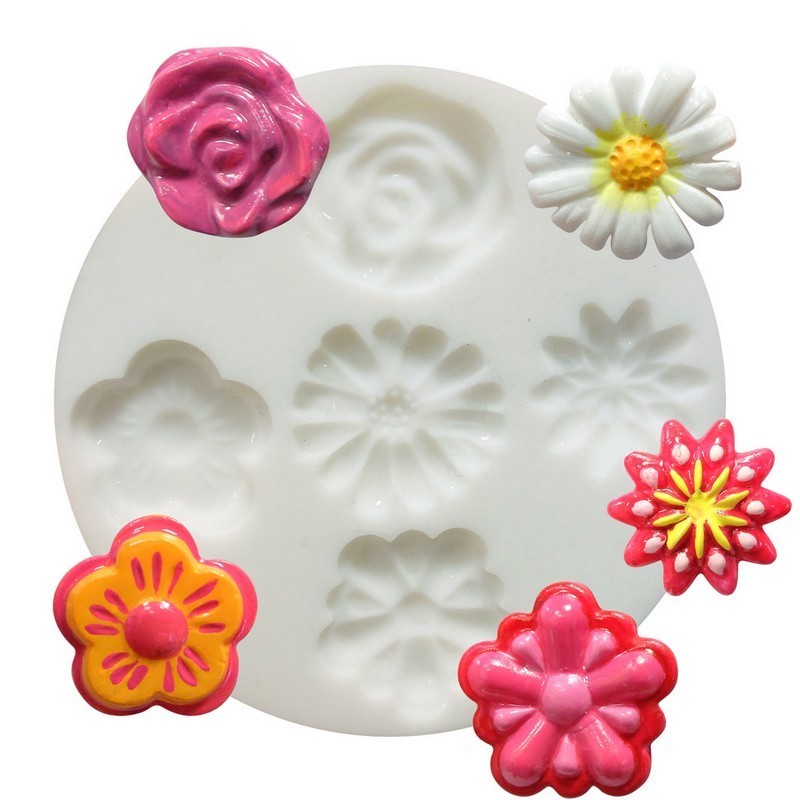 Silikonform, 5 Miniaturmuster, Blumen, Gänseblümchen, Rose. 7cm rund, extra flexibel