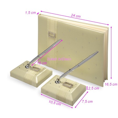 Livre d'or ivoire foncé avec stylos, 24 cm x 16,5 cm, strass et organza, album de mariage