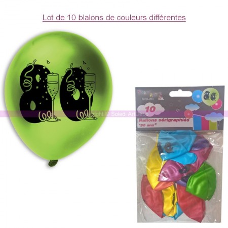 Lot de 10 Ballons de baudruche sérigraphiés 80 ans, Diam. 28 cm , pour déco anniversaire 