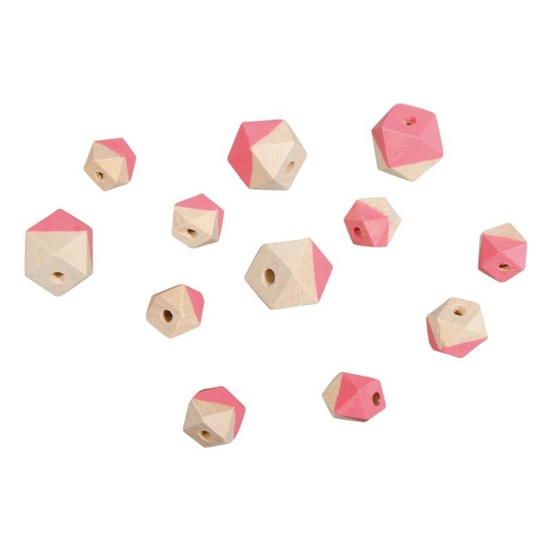 Lot de 12 Perles en Bois forme Diamant couleur Nature , 4pces diam.2cm, 8pces diam.1,5cm