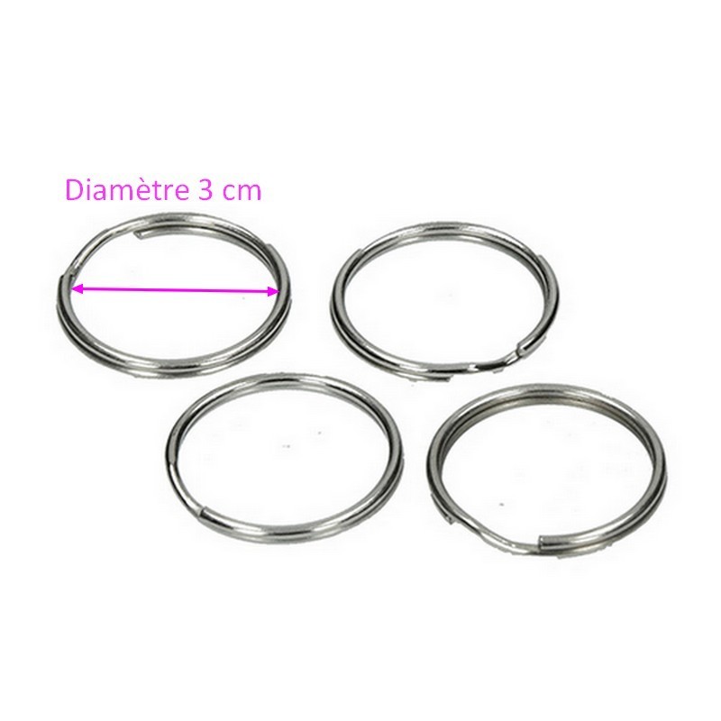 Lot de 4 Anneaux Porte-clefs, Diamètre 3 cm, Couleur Argent, Nickelé