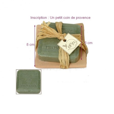 Savon de forme Carré Vert à l'Olive avec coupelle en terre cuite, 80gr, 8 x 8 cm, déco romantique et champêtre