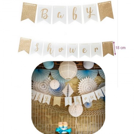 Guirlande Baby Shower Garçon bleu ciel, 3,5m x 18 cm, 13 fanions, détails paillettes dorées