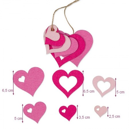 Set of 6 Assorted Felt Hearts Red, 6.5 x 5 x 3.5 x 2.5, for scrapbooking or hanging