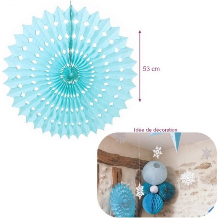 Grand Éventail alvéolé couleur Bleu Dragée, dim.53 cm, Papier de Soie à suspendre