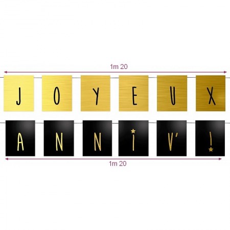 Guirlande Noir et Or inscription Joyeux Anniv', 2 x 1,20m, papier cartonné, pour anniversaire