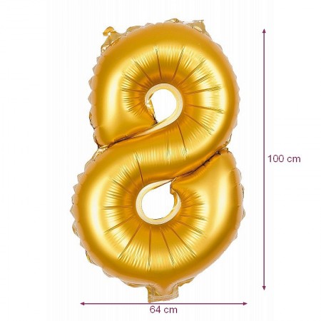 Ballon Géant Mylar Chiffre 8 Doré, dim. 64 cm x 1 m, décoration anniversaire babyshower aluminium