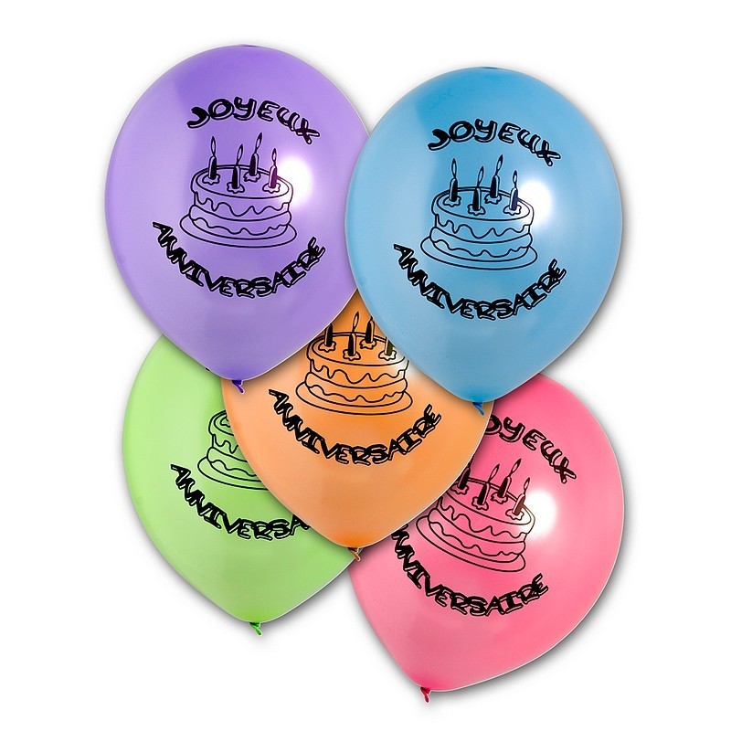 Lot de 10 Ballons de baudruche Multicolore, imprimé noir Joyeux Anniversaire, diam.28 cm