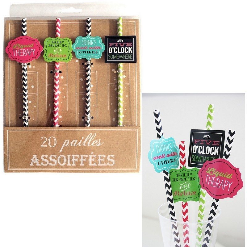 Lot de 40 Pailles droites style berlingot longueur 21 cm, couleurs assorties