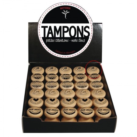 Tampon diam. 3cm, Félicitations avec coccinelle, Manche en bois, Longueur 4cm