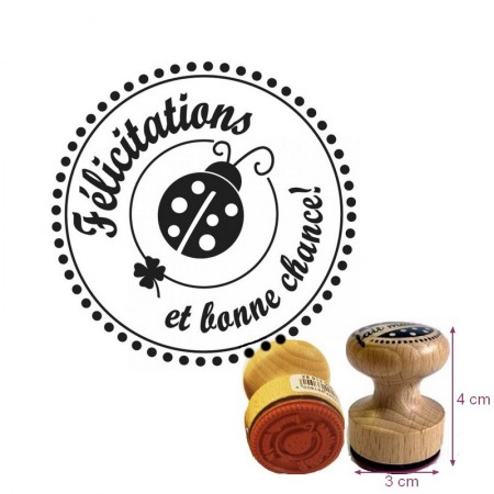 Tampon diam. 3cm, Félicitations avec coccinelle, Manche en bois, Longueur 4cm