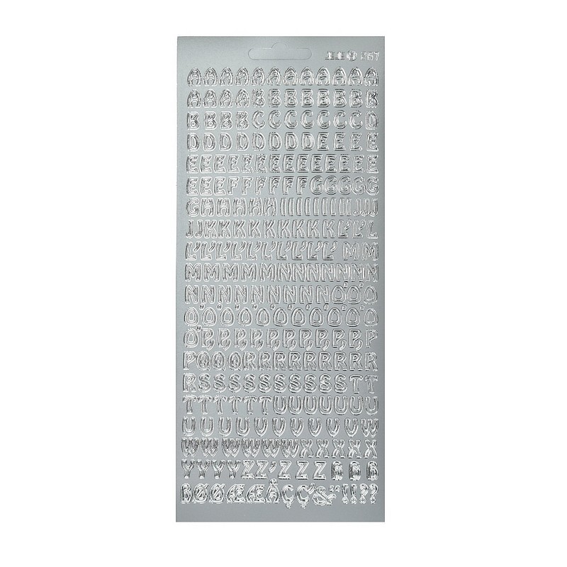 Sticker de contour Alphabet majuscule et symboles Argenté, Planche 10 x 23 cm, autocollants peel off pour scrapbooking