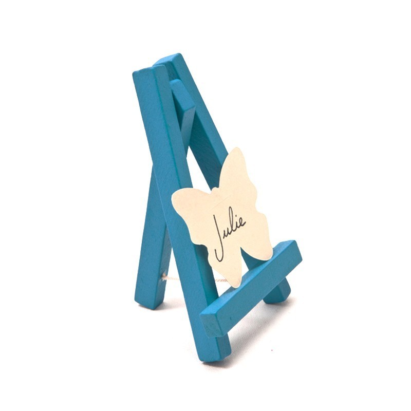 Chevalet de table en bois peint Turquoise avec trépied, Marque-Place haut. 10 cm