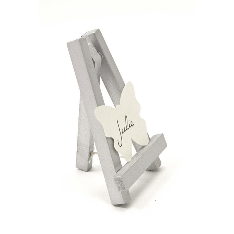 Chevalet de table en bois peint Argent avec trépied, Marque-Place haut. 10 cm