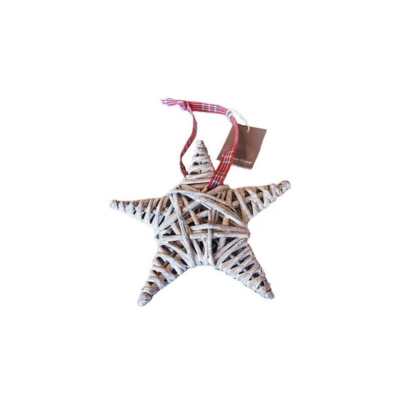 Mittelgrauer Rattanstern, kariertes Band, Größe 15 cm, Weihnachtsdekoration zum aufhängen
