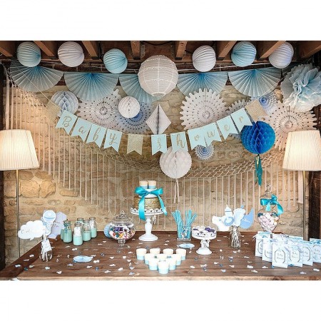 Guirlande Baby Shower Garçon bleu ciel, 3,5m x 18 cm, 13 fanions, détails paillettes dorées