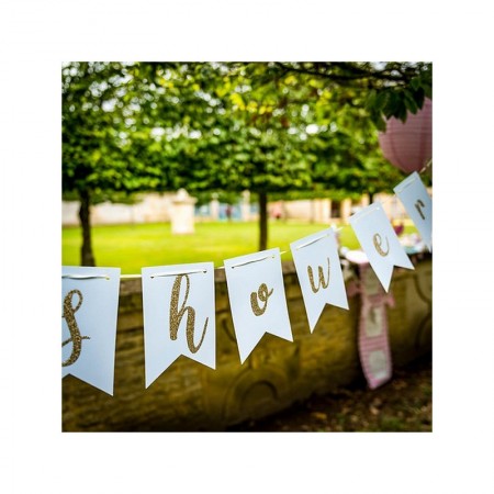 Guirlande Baby Shower Garçon bleu ciel, 3,5m x 18 cm, 13 fanions, détails paillettes dorées