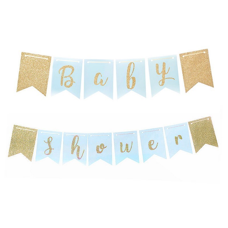 Guirlande Baby Shower Garçon bleu ciel, 3,5m x 18 cm, 13 fanions, détails paillettes dorées