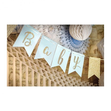 Guirlande Baby Shower Garçon bleu ciel, 3,5m x 18 cm, 13 fanions, détails paillettes dorées