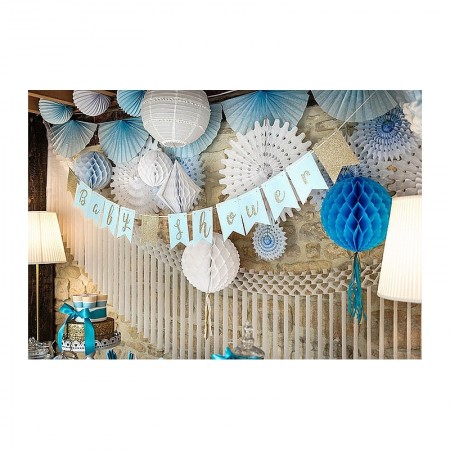 Guirlande Baby Shower Garçon bleu ciel, 3,5m x 18 cm, 13 fanions, détails paillettes dorées