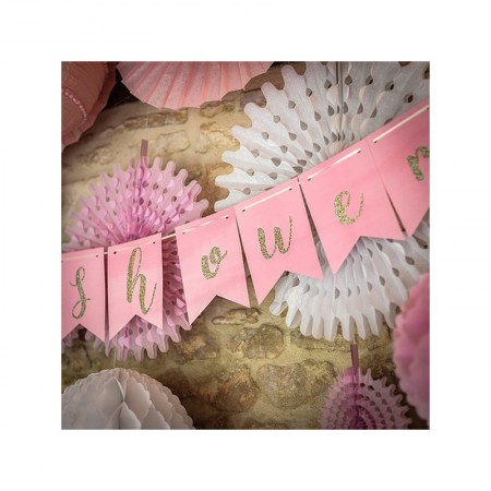 Guirlande Baby Shower Fille Rose, 3,5m x 18 cm, 13 fanions, détails paillettes dorées
