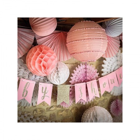 Guirlande Baby Shower Fille Rose, 3,5m x 18 cm, 13 fanions, détails paillettes dorées