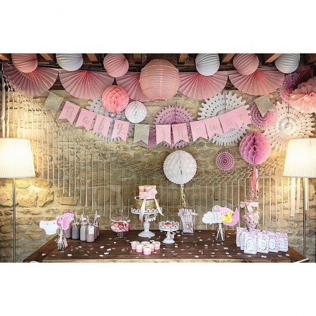 Guirlande Baby Shower Fille Rose, 3,5m x 18 cm, 13 fanions, détails paillettes dorées