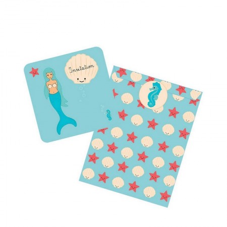 Kit de 8 Invitations Sirène et Hippocampes avec enveloppes, dim. 17 x 12 x 4 cm, cartes d'anniversaire enfant