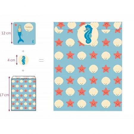 Kit de 8 Invitations Sirène et Hippocampes avec enveloppes, dim. 17 x 12 x 4 cm, cartes d'anniversaire enfant