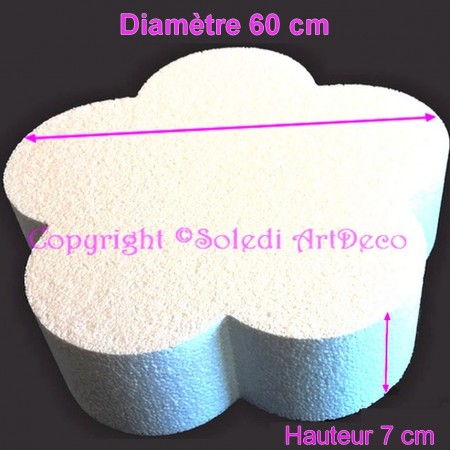 Grand Socle plat Fleur 2D en polystyrène blanc, Diamètre 60 cm x Epais. 7cm, Support pour centre de table