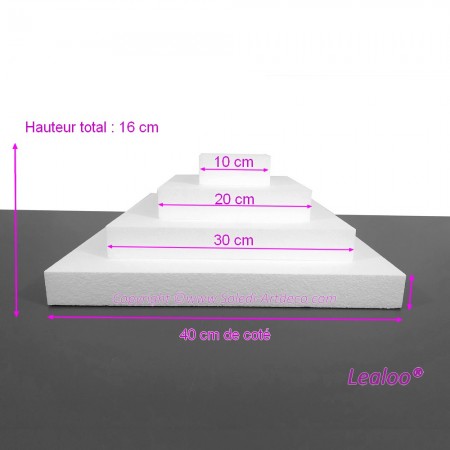 Pièce montée Carrée en polystyrène de 16 cm de haut, Base Coté 40cm à 10cm, 4 socles de 4cm de haut
