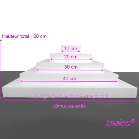 Pièce montée Carrée en polystyrène de 20 cm de haut, Base Coté 50cm à 10cm, 5 socles de 4cm de haut