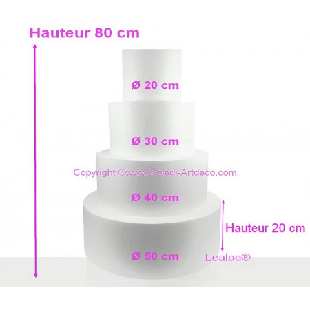 Pièce montée Wedding Cake  Hauteur 80 cm, Base Ø 50cm à 20cm, 4 disques de 20cm de haut en Polystyrène haute densité