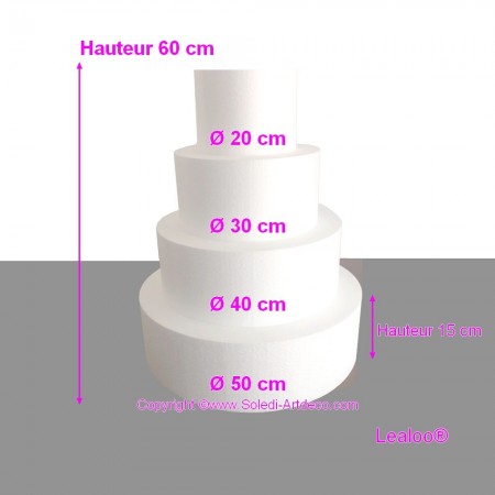 Pièce montée Wedding Cake  Hauteur 60 cm, Base Ø 50cm à 20cm, 4 disques de 15cm de haut en Polystyrène