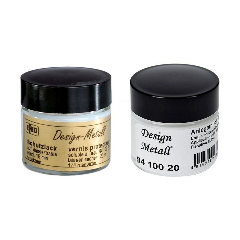 Lot de 2 Pots d'Emulsion de Colle et Vernis, 2 x 20 ml, feuilles d'or, argent, métallique
