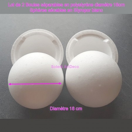 Lot de 2 Boules séparables en polystyrène diamètre 18cm, Sphères sécables en Styropor blanc