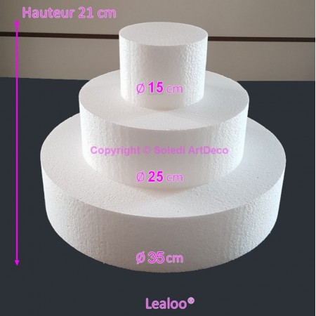 Petite Pièce montée en polystyrène, Base Ø 35cm à 15cm, 3 disques de 7cm de haut, Hauteur 21cm