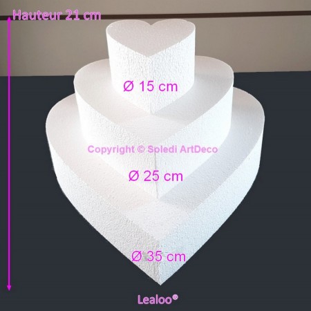 Petite Pièce montée Coeur en polystyrène, Base Diam. 35cm à 15cm, 3 socles de 7cm de haut, Hauteur 21cm