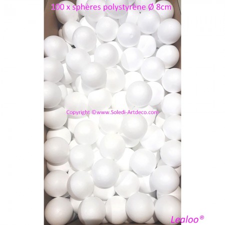 Gros Lot de 100 boules pleines Diam. 8 cm en polystyrène, Sphères Styropor blanc densité pro