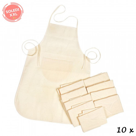 Lot de 10 Tabliers de bricolage pour Enfant, Coton fin et léger naturel, avec poche, dim. 60 x 50 cm, à customiser
