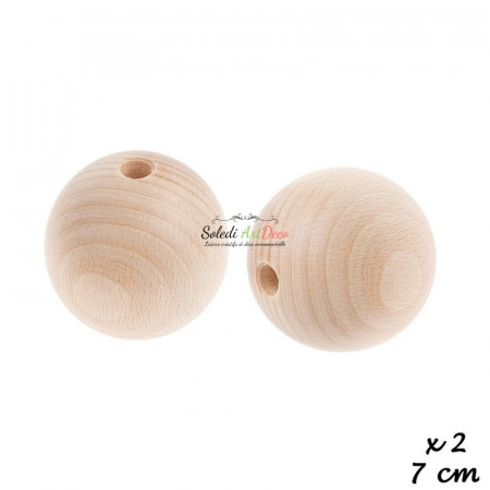Lot de 2 grandes Boules percées, Diamètre 7 cm, en bois de hêtre, perçage 10 mm