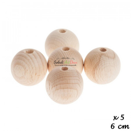 Set aus 5 durchgebohrten Kugeln aus Buchenholz, Durchmesser 60 mm, Loch 10 mm